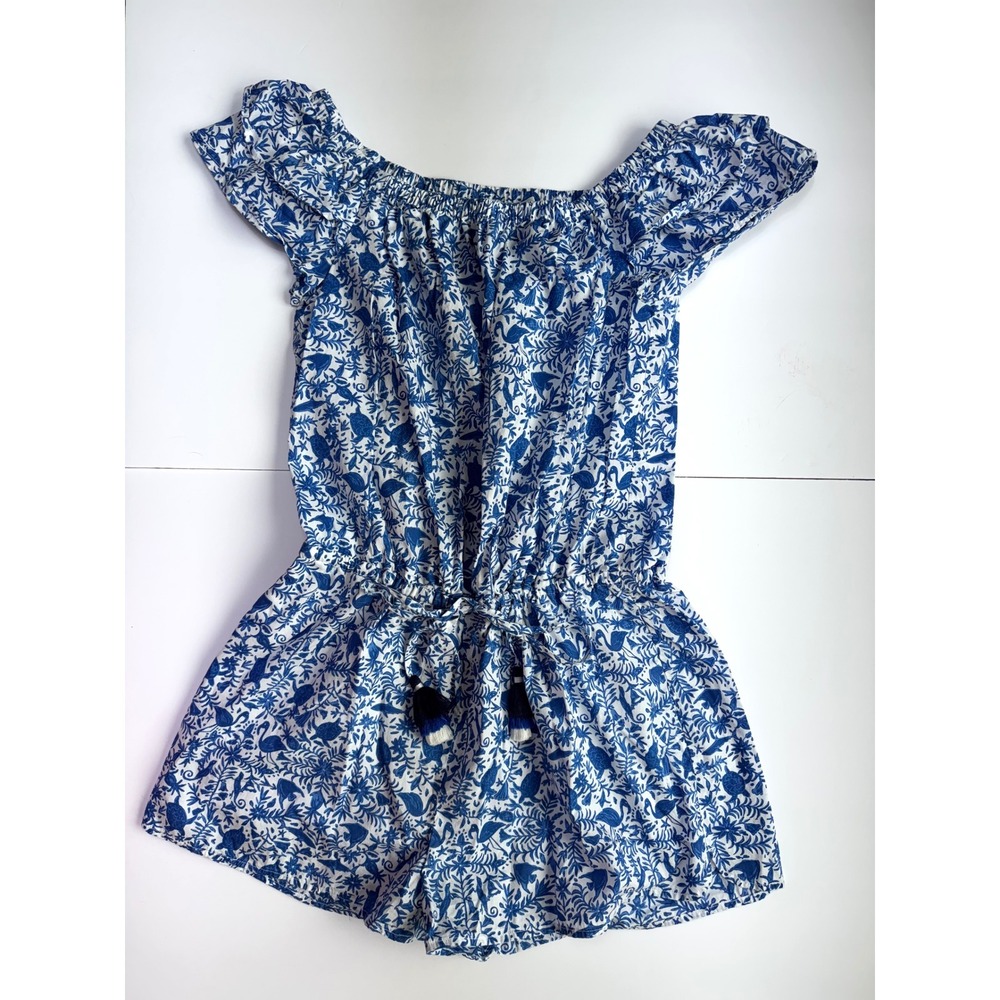 Vineyard Vines Blue White Coastal Nautical Preppy Romper Cotton Tassel Size MED